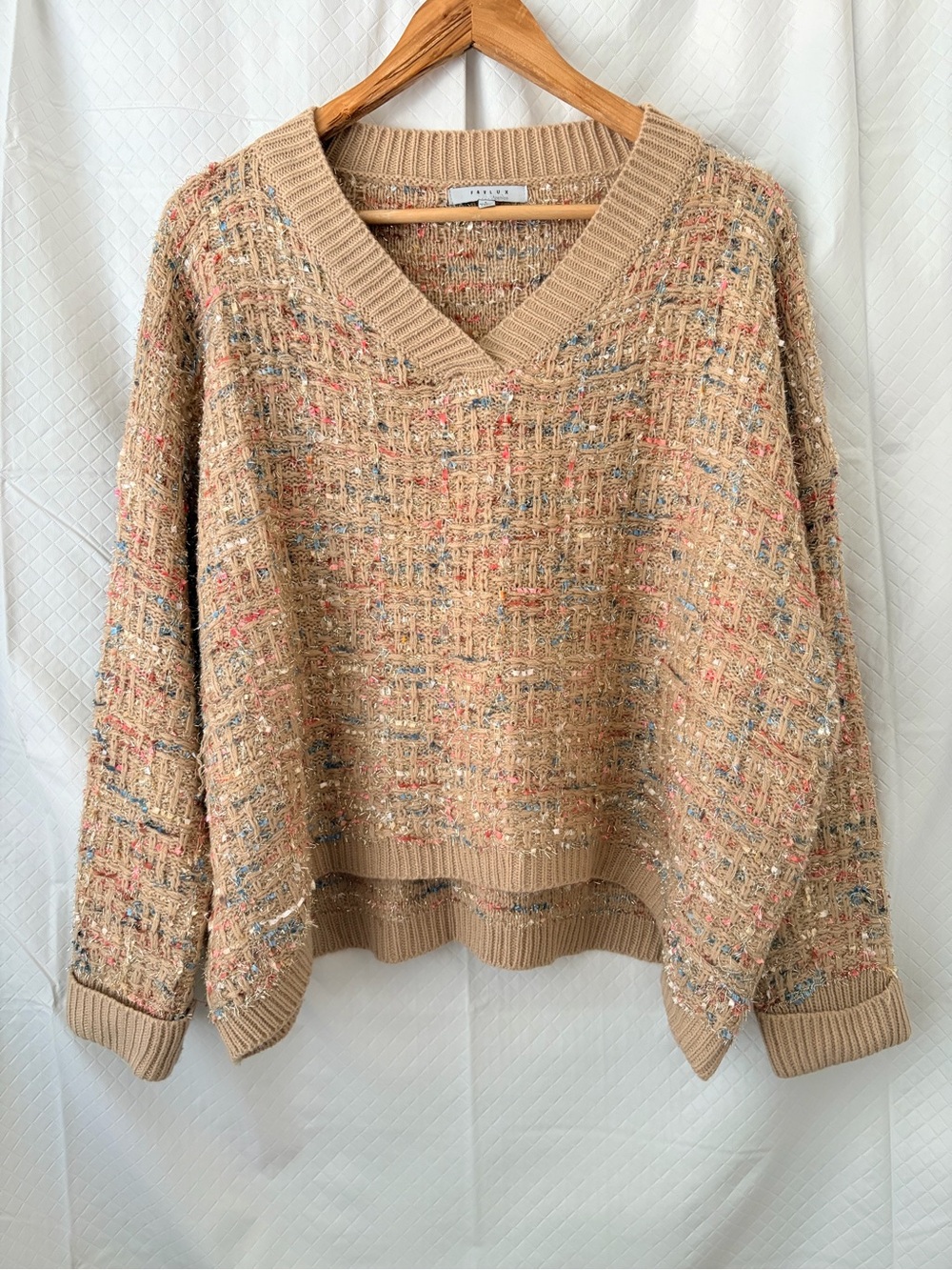 FAVLUX Camel V-Neck Sweater with Multicolor Flecks